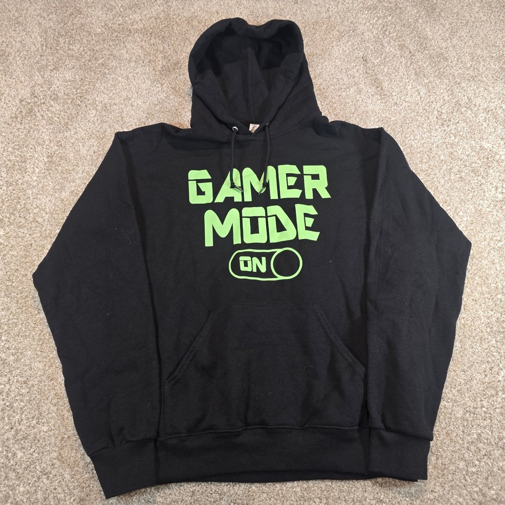 Gamer Mode On Graphic Hoodie Black Neon Green Pullover Sweatshirt Medium
